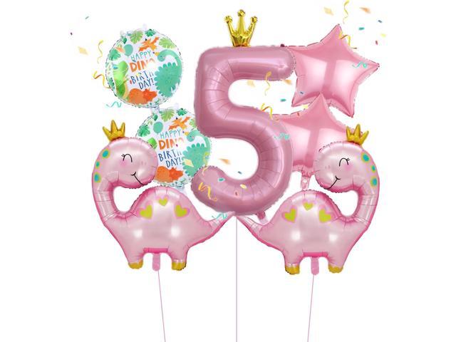 7pcs Pink Crown Dinosaur Balloons - Girl Dinosaur 5th Birthday Party Supplies