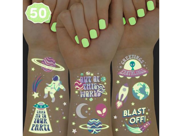 xo, Fetti Space + Planets Glow in Dark Temporary Tattoos for Kids - 50 pcs Alien Birthday Party Supplies, Astronaut Favors + Rocket ship Decorations