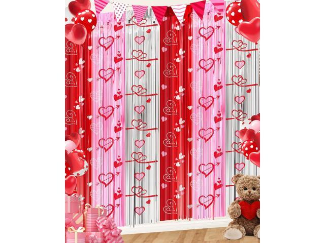 Valentines Decorations Foil Fringe Curtains for Party, 2 Pack 3.3 x 6.6 FT Galentines Day Decorations Red Pink Silver Tinsel Streamer, Valentines.