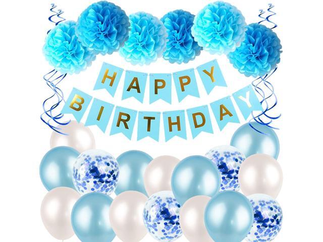 Blue Birthday Decorations Kit - HAPPY BIRTHDAY Banner , Spiral Charm, Paper Flower Ball and Balloons for Boys and Gilrs Birthday Party
