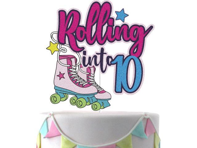 Rolling into 10 Cake Topper Roller Skate Happy 10th Birthday Cake Topper 10 Ten Years Old Colorful Rolling Retro Girl Club Hip Hop Theme Party Cake.