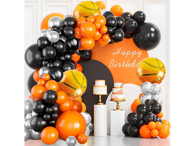 Basketball Balloon Arch kit Black Orange Metallic Silver Balloons Garland Arch Sports Themed Party Balloon Basketballs Party Decoration for Sport...