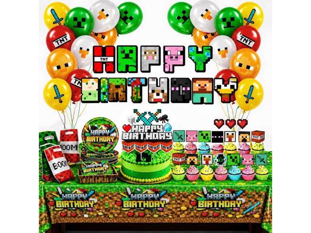 Pixel Game Birthday Party Decorations - Miner Supplies Set Gaming Theme - Including Banner Balloons Tablecloth Plates Toppers Napkins Favor Bags -...