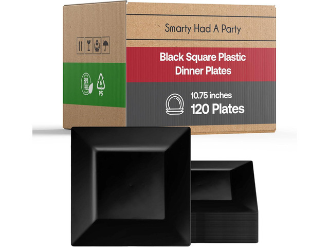 Smarty Had A Party 120 Elegant Disposable Plastic Dinnerware, 10.75' Fancy Square Black Dinner Plates, Heavy Duty Plates for Parties, Events, and...