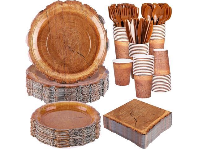 Kochorie 400 Pieces Wood Grain Slice Disposable Party Tableware Sets Rustic Wood Party Supplies Including Plates Cups Napkins Cutlery Serves 50 for.