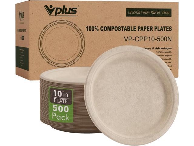 Vplus 500 Pack Compostable Disposable Paper Plates 10.25 inch Super Strong Paper Plates 100% Bagasse Natural Biodegradable Eco-Friendly Sugarcane.