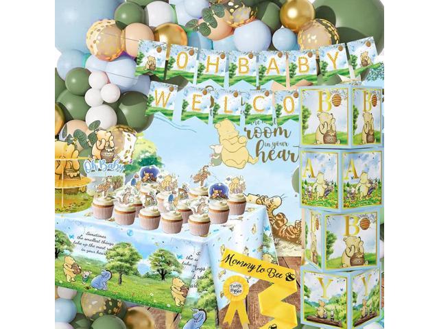 159pcs Blue Classic Winnie Baby Shower Decorations Kit, Vintage Pooh Party Supplies, Classic Pooh Backdrop, Cake Topper, Tablecloth Box Decorations.