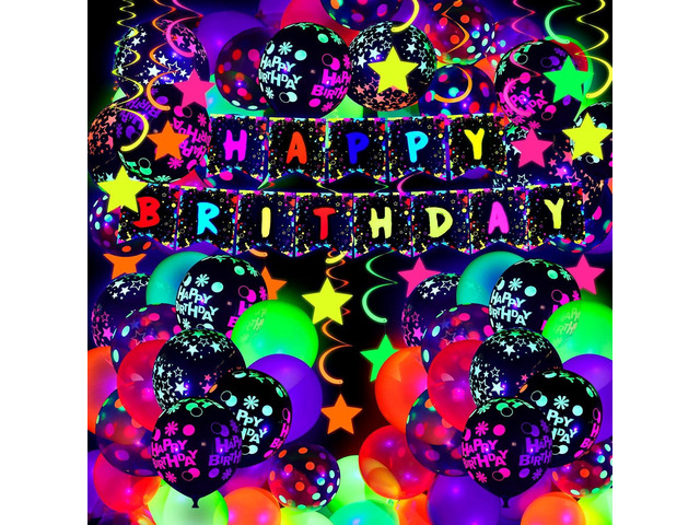 Jetec 71 Pcs Neon Birthday Party Supplies Decorations Include Clear Glow in The Dark Balloons, UV Neon Balloons, Star Hanging Swirls, Rave Theme...