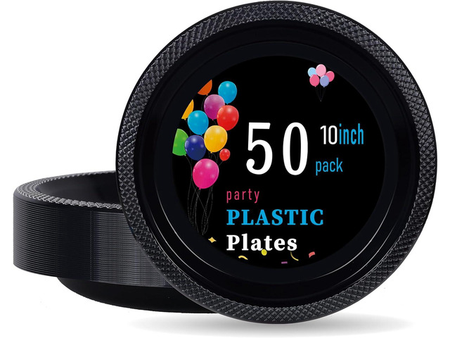 WELLIFE Black Plastic Plates 10 Inch 50 Count Disposable Plate for Party Plastic Plate, Large Big Plates for Dinner Party Supplies Birthday Camping...