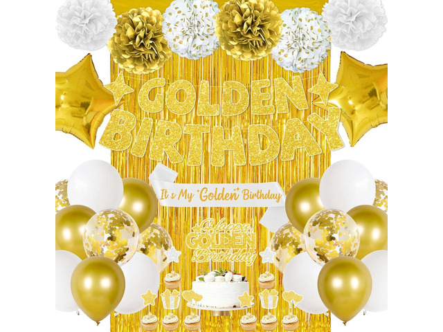 Golden Birthday Party Decorations, 40PCS Gold Decorations Include It's My Golden Birthday Sash Banner Balloons Foil Fringe Curtain Paper Pompoms,...