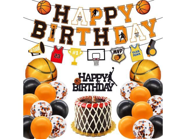 Basketball Birthday Decorations Include Pre-Strung Happy Birthday Banners, NO DIY Cake Topper, Balloons, Slam Dunk Sports Game Day Themed B-Day.