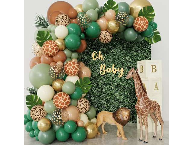 170Pcs Jungle Safari Balloons Arch Garland Kit, Sage Green Brown Animal Print Balloons Palm Leaves Wild One Safari Baby Shower Decorations for Boys...