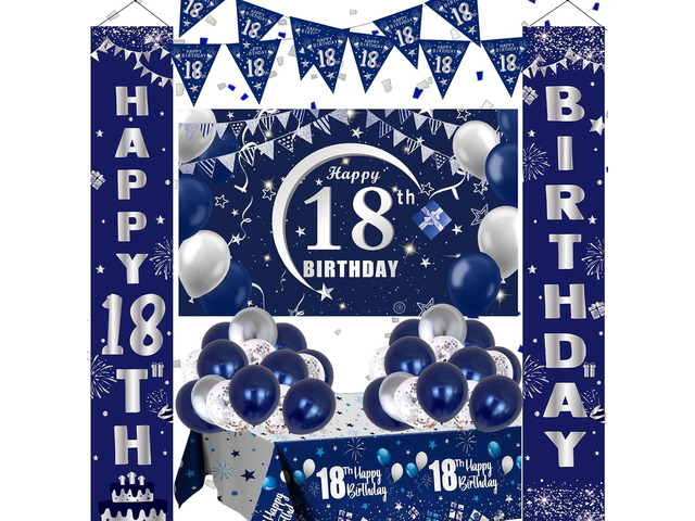 18th Birthday Decorations for Boys and Girls Blue, Happy 18th Birthday Door Backdrop Banner Balloons 18 Years Old Birthday Porch Sign Party...