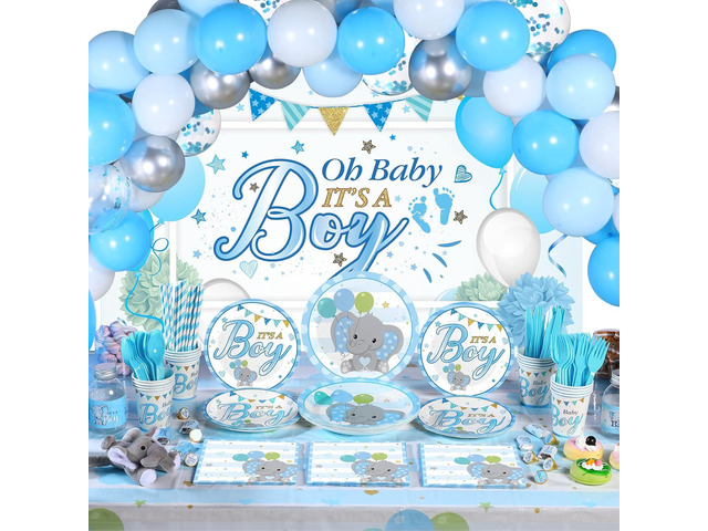 Chengu 194 Pcs Elephant Baby Shower Party Supplies - Blue It's a Boy Backdrop Banner, Tablecloth, Tableware & Balloons Party Decorations for Baby...