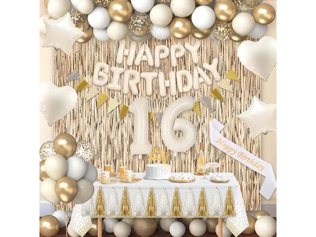 16th Birthday Decorations for Girls, White and Gold 16 Boho Birthday Party Supplies Includes Number Balloons, Banner, Fringe Curtain, Cake Topper