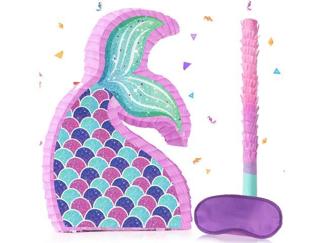 Hooqict Mermaid Tail Pinata with Pinata Stick & Blindfold for Girls Mermaid Party Games Decorations Under the Sea Ocean Themed Birthday Party Supplies