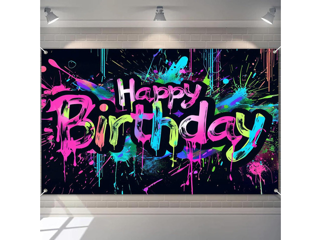 HOMETITUTE Neon Happy Birthday Banner 84x60 Inch Photography Backdrops Party Background Decorations Colorful Graffiti Splash Paint Kids Birthday...