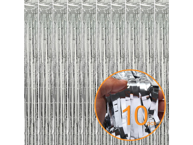 10 Pack Silver Foil Curtain Backdrop Metallic Tinsel Foil Fringe Curtains Photo Booth Props for Birthday Wedding Engagement Bachelorette Christmas...