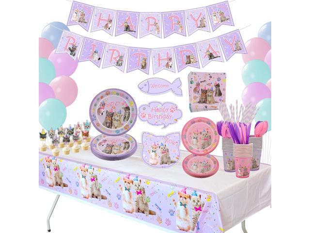 Cat Birthday Party Supplies Set, Kitten Disposable Tableware Includes Happy Birthday Banner, Spoons, Fork, Plates, Tablecloth, Cups, Balloon,.