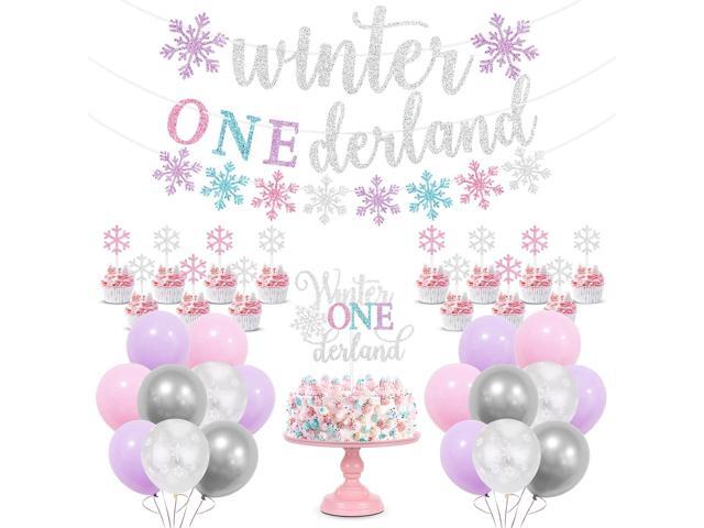 Winter Onederland 1st Birthday Decorations Girl, Winter Onederland Banner, Cake Topper, Snowflake Balloons Garland for Winter Wonderland Baby.