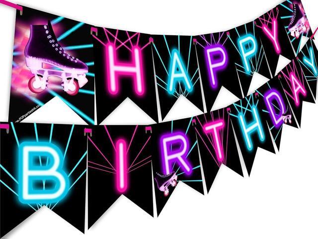 Roller Skating Glow Rainbow Happy Birthday Banner Pennant - Roller Skating Party Supplies - Roller Skating Party Decorations - Glow