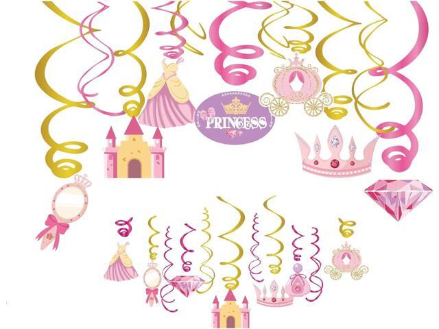 30Ct Princess Hanging Swirl Decorations, Cinderella Party Supplies, Little Royal Queen Birthday Theme Pink Decor for Boy Girl Fairytale Baby.