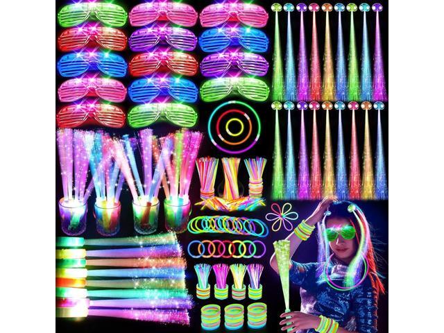 OLUPP 148 PCS Glow in the Dark Party Supplies, 16 Fiber Optic Wands, 14 LED Glasses, 100 Glow Sticks and 18 LED Hair Clips Fiber Optic for Neon.
