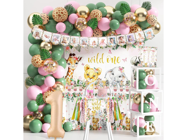Wild One Birthday Decorations for Girls, 114 Pcs Safari Jungle Theme First Birthday Party Supplies with Backdrop, Tablecloth, Balloon Arch Kit,...