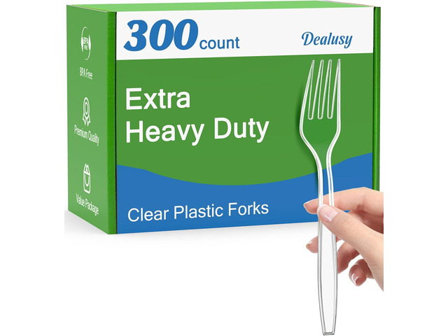 Dealusy 300 Count Extra Heavy Duty Clear Plastic Forks Disposable, BPA-Free, Heat Resistant, Solid and Durable Disposable Forks Bulk, Premium...
