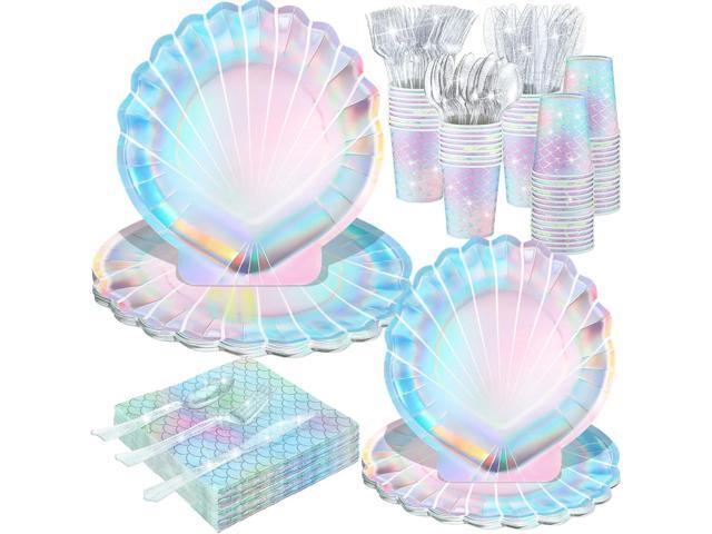 Cunhill 144 Pcs Mermaid Party Supplies Disposable Paper Tableware Holographic Shell Plates Napkins Cups Spoons Fork Knives for Under The Sea.