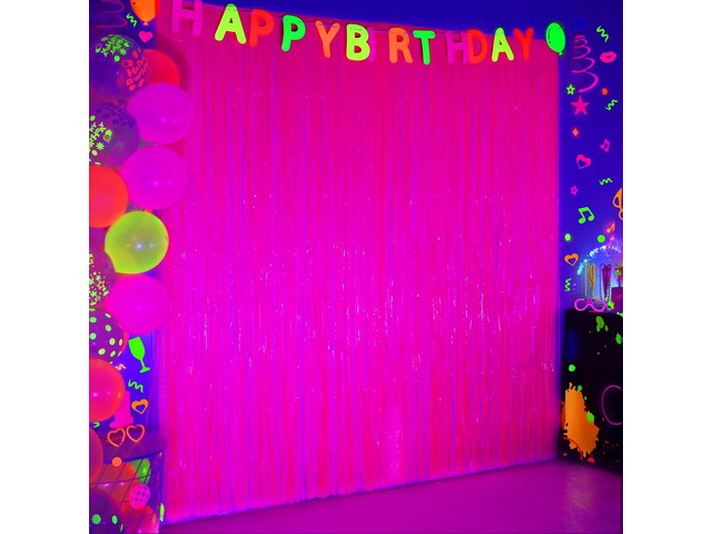 Mega-L Glow in The Dark Party Supplies, 6 Pack Neon Party Decorations 3.3 x 6.6 ft Fluorescent Macaron Fuchsia Tinsel Foil Fringe Curtains, Photo...