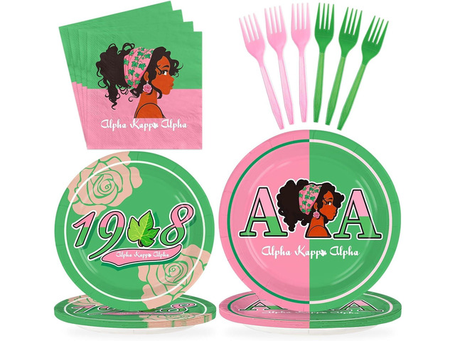 Grencian 96Pcs AKA Party Supplies AKA Plates and Napkins Disposable Hip Hop Style 1908 Pink Green Paper Tableware Set for Women Girls Sorority...