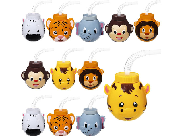 Hoolerry 12 Sets Zoo Animal Cups with Straws and Lids, 10 oz Plastic Reusable Safari Jungle Animal Theme Kids Cups for Safari Birthday Party Supplies