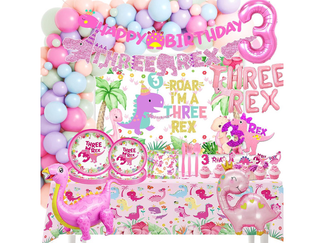 Pink Dinosaur Party Supplies For Girls 3rd Birthday Decorations Three Inspired Rex Dino Balloons Banner Dino Cake Topper Cupcake Toppers Girls 3rd...