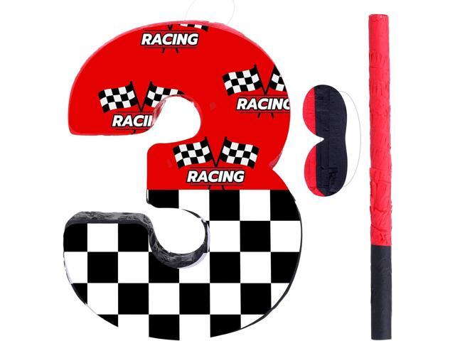 Red 3 Race Car Piñata Pull String Cars Piñatas for Birthday Party Decorations Number 2 3 4 5 6 with Blindfold Stick Small Red Black Racing Theme...