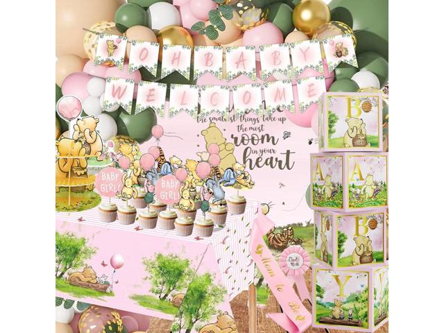 158pcs Pink Classic Winnie Baby Shower Decorations Kit, Vintage Winnie Party Supplies Decorations, Classic Pooh Backdrop Cake Topper, Winnie Baby.