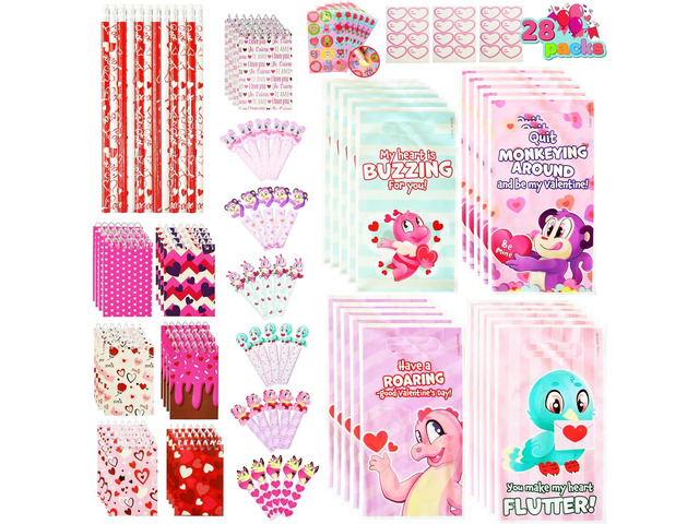 JOYIN 28 Pack Valentines Day Stationery Gifts for Kids, Party Favor Set with Treat Bags, Classroom Exchange Prizes with...