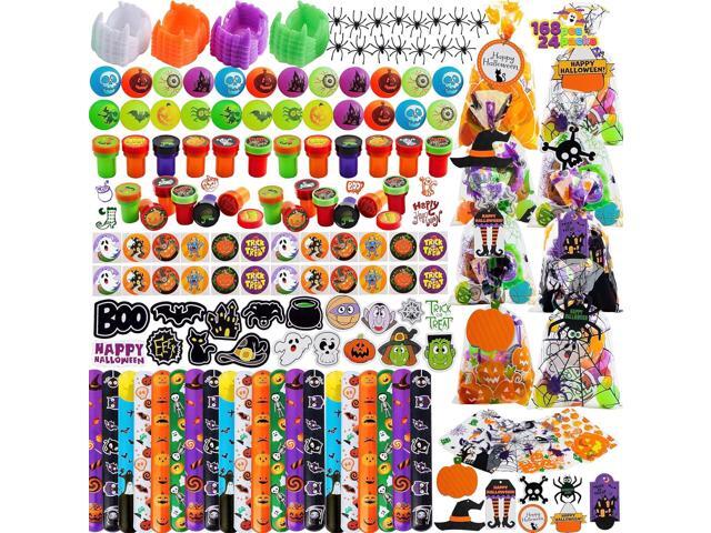 JOYIN 168 Pcs Halloween Stationery Set, 24 Pack Goody Bags with Halloween Tags Including Vampire Teeth, Spiders, Stamps, Stickers, Slap Bracelets...