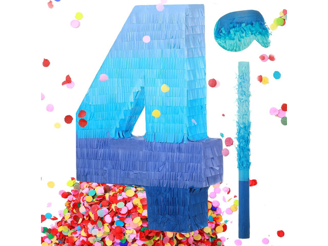Sratte Number 1 2 3 4 5 6 7 8 9 Piñata with Stick Blindfold Confetti, Gradient Blue Piñata for Kids Boys Girls Birthday Party Anniversary...