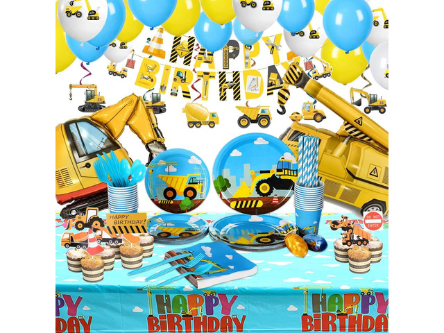 Construction Birthday Party Supplies Set For Boys - 24 Guests Dump Truck And Tractor Party Decorations, Paper Plates Cups Napkins Straws Balloons...