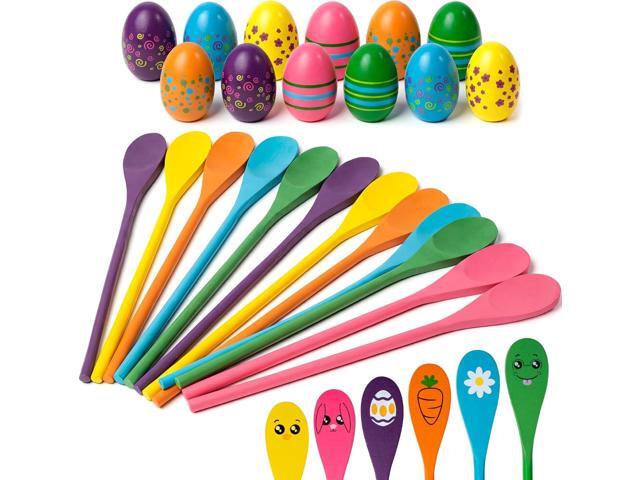 JOYIN Easter 24PCS Egg and Spoon Race Game Set, 12 Woodeen Egg and Spoons with Assorted Colors Outdoor Games, Party Favor Supplies
