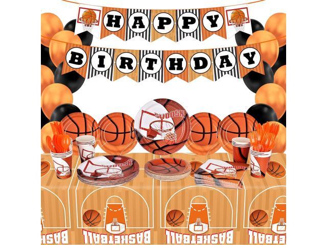 Gatherfun Basketball Party Supplies Paper Plates Napkins Cups Knives Forks Spoons with Balloons and Banner for Kids and Adult Birthday Party March.