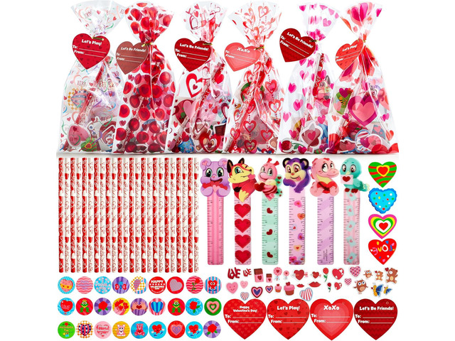 JOYIN 28 Pack Valentines Day Stationery Gifts for Kids Goody Bags with Party Favor Set for School Classmates Exchange, Includes Pencils, Erasers,...
