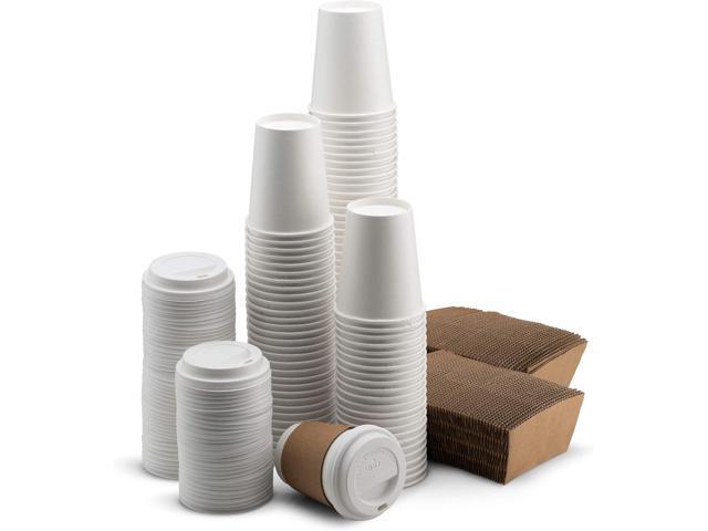 NYHI 200 Pack 8 oz White Paper Disposable Cups With Lids And Sleeves Hot Cold Beverage Drinking Cup for Water Juice Tea or Coffee Ideal for Water.