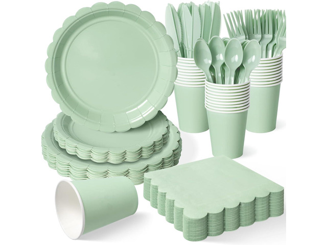 Vyntra 350 Pcs Sage Green Birthday Paper Plates and Napkins Set for 50 Guests, Disposable Party Supplies with Cups and Cutlery