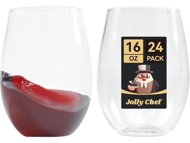 JOLLY CHEF 24 Pack 16oz Plastic Wine Glasses Stemless, Disposable Wine Cups, Premium Quality, Recyclable, Unbreakable, Ideal for Wedding, Birthday,...