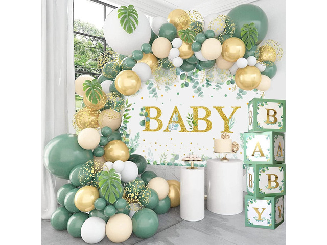 DataMoon Sage Green Baby Shower Decorations 125PCS Green Balloon Arch Kit, Balloon Boxes, Backdrop for Woodland Jungle Theme Baby Shower Decor...