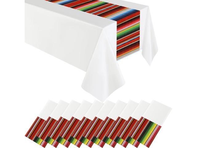 Hosuly 10 Pcs Mexican Fiesta Tablecloth 54 x 108'' Party Plastic Tablecloth Striped Table Cover for Mexican Fiesta Party Decorations (White...