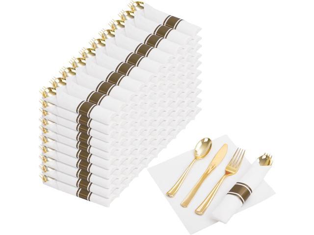 Nervure 400PCS Pre Rolled Gold Plastic Silverware Sets - Heavy Duty Gold Cutlery - Include 100 Pack Wrapped Disposable Utensils with Napkins for...
