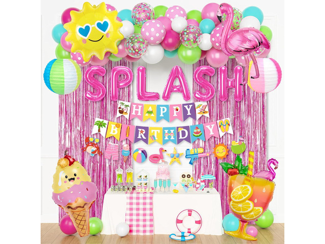 Summer Pool Beach Party Decorations, Splash Birthday Bash Party Supplies Tropical Summer Banner Beach Ball Lantern Fringe Curtain Foil Balloons...